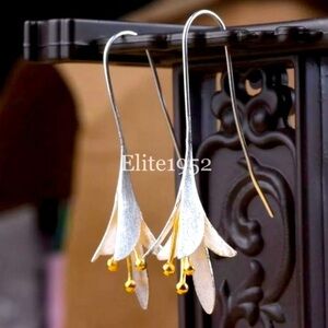 Oriental hanging Japanese Earrings Long Silver Flower Dangle lily Drop